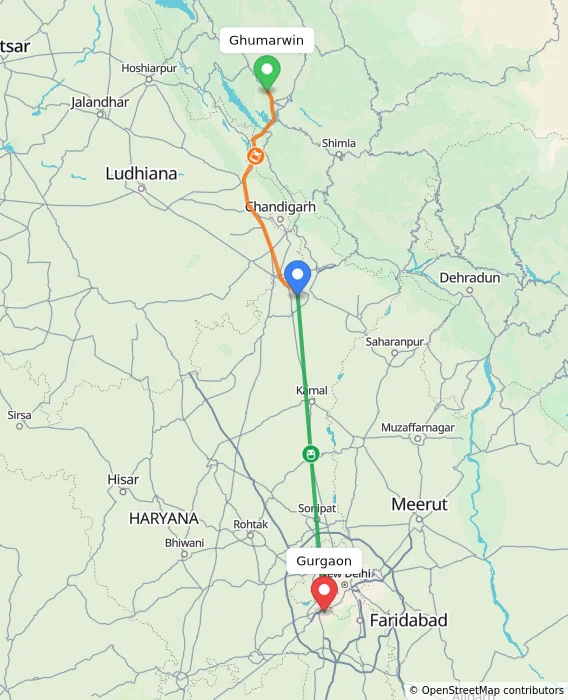 Route map showing distance and travel time from Ghumarwin, India to Gurgaon, India