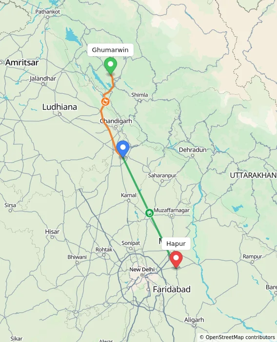 Route map showing distance and travel time from Ghumarwin, India to Hapur, India