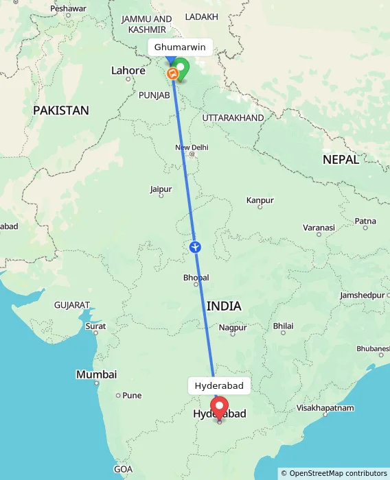Route map showing distance and travel time from Ghumarwin, India to Hyderabad, India