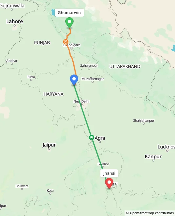 Route map showing distance and travel time from Ghumarwin, India to Jhansi, India