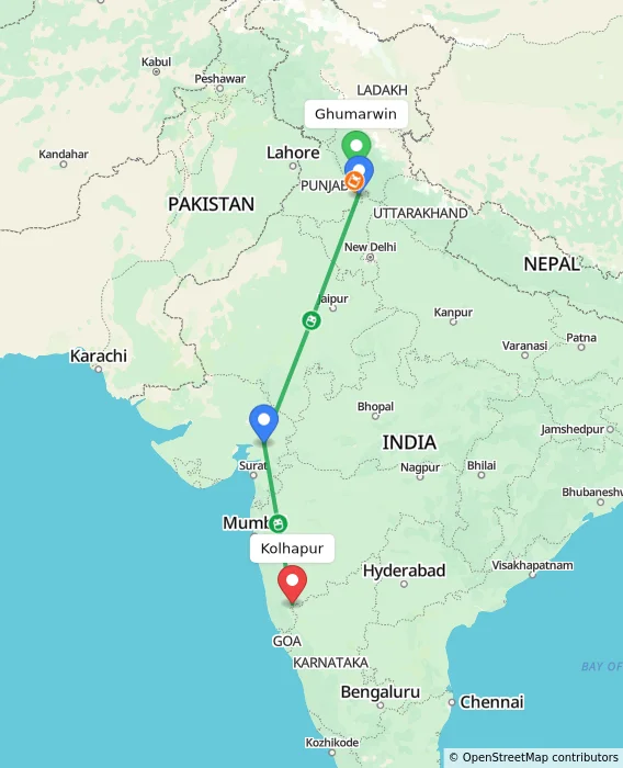 Route map showing distance and travel time from Ghumarwin, India to Kolhapur, India