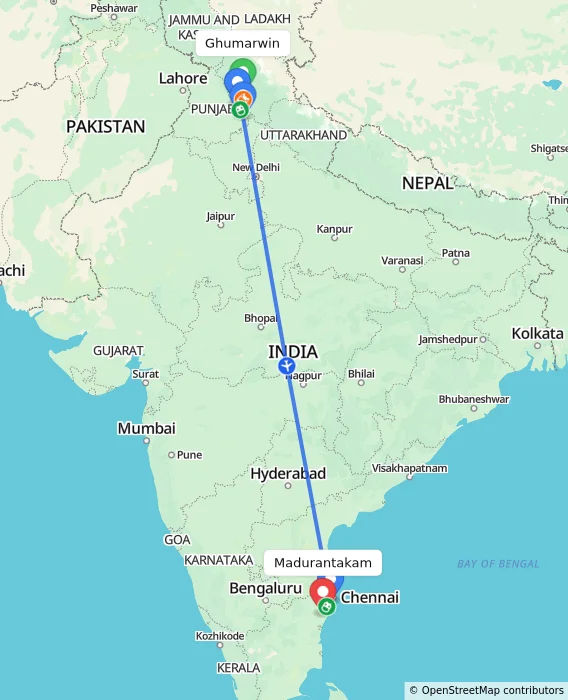 Route map showing distance and travel time from Ghumarwin, India to Madurantakam, India
