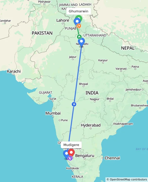 Route map showing distance and travel time from Ghumarwin, India to Mudigere, India