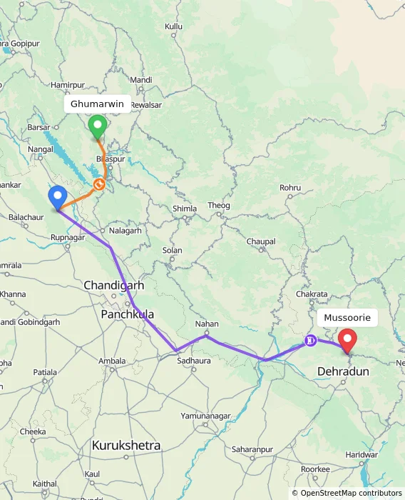 Route map showing distance and travel time from Ghumarwin, India to Mussoorie, India