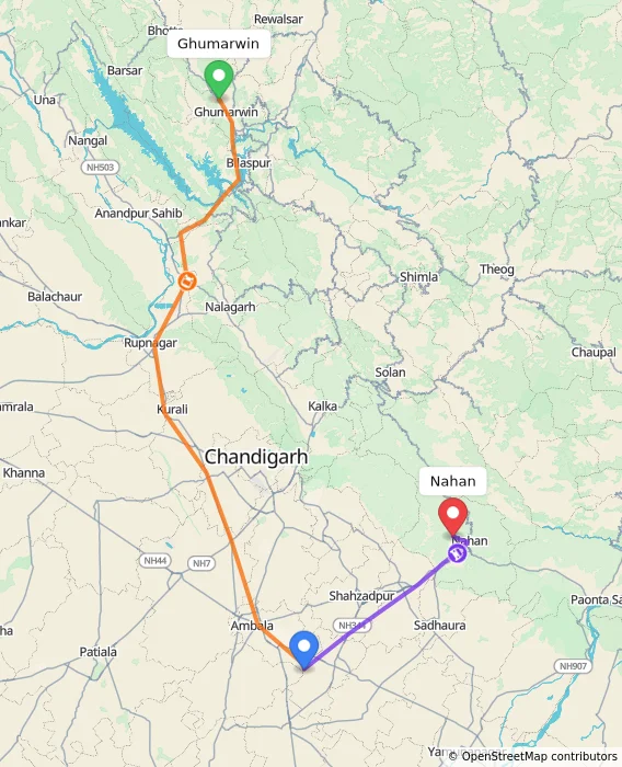 Route map showing distance and travel time from Ghumarwin, India to Nahan, India