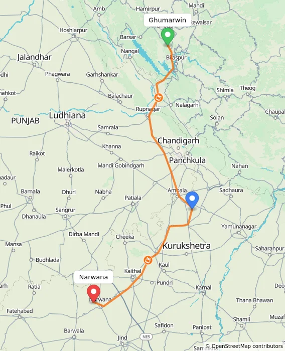 Route map showing distance and travel time from Ghumarwin, India to Narwana, India