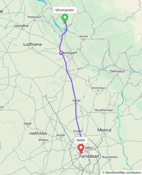 Route map showing distance and travel time from Ghumarwin, India to Delhi, India