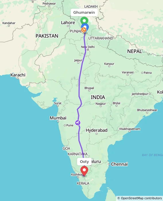 Route map showing distance and travel time from Ghumarwin, India to Ooty, India