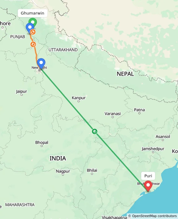 Route map showing distance and travel time from Ghumarwin, India to Puri, India
