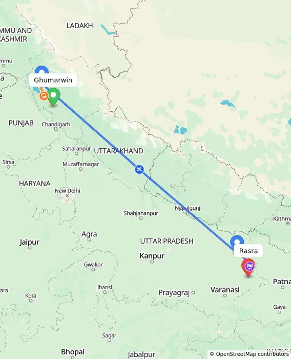 Route map showing distance and travel time from Ghumarwin, India to Rasra, India