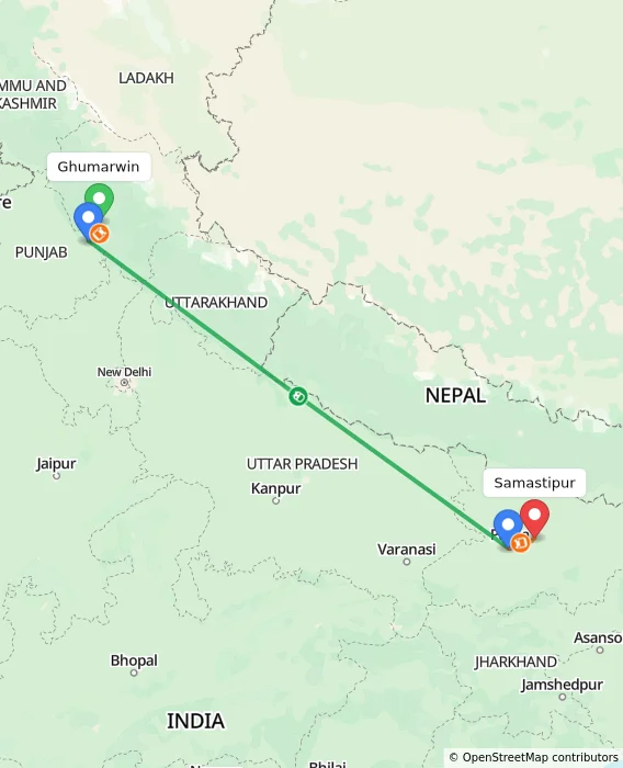 Route map showing distance and travel time from Ghumarwin, India to Samastipur, India