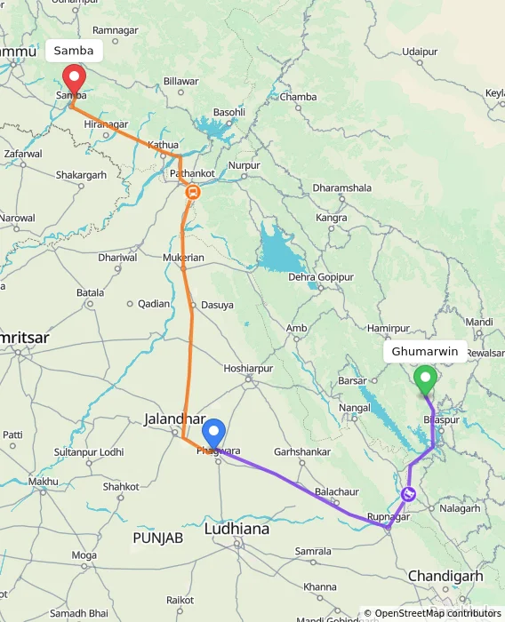 Route map showing distance and travel time from Ghumarwin, India to Samba, India