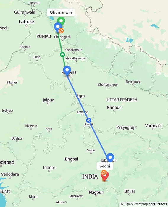 Route map showing distance and travel time from Ghumarwin, India to Seoni, India