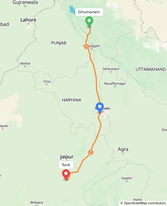 Route map showing distance and travel time from Ghumarwin, India to Tonk, India
