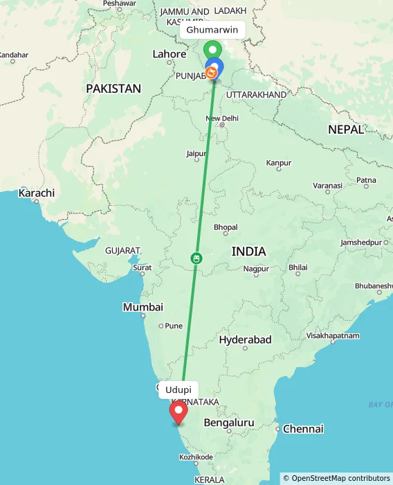 Route map showing distance and travel time from Ghumarwin, India to Udupi, India