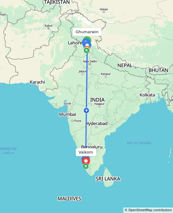 Route map showing distance and travel time from Ghumarwin, India to Vaikom, India