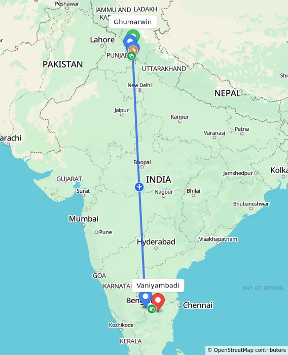 Route map showing distance and travel time from Ghumarwin, India to Vaniyambadi, India
