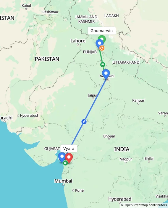 Route map showing distance and travel time from Ghumarwin, India to Vyara, India