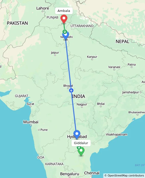 Route map showing distance and travel time from Giddalur, India to Ambala, India