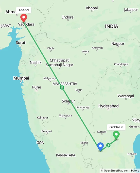 Route map showing distance and travel time from Giddalur, India to Anand, India