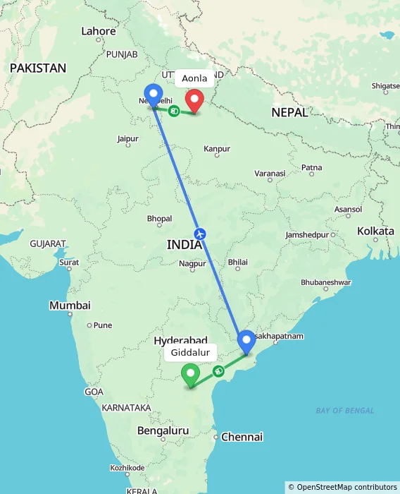Route map showing distance and travel time from Giddalur, India to Aonla, India