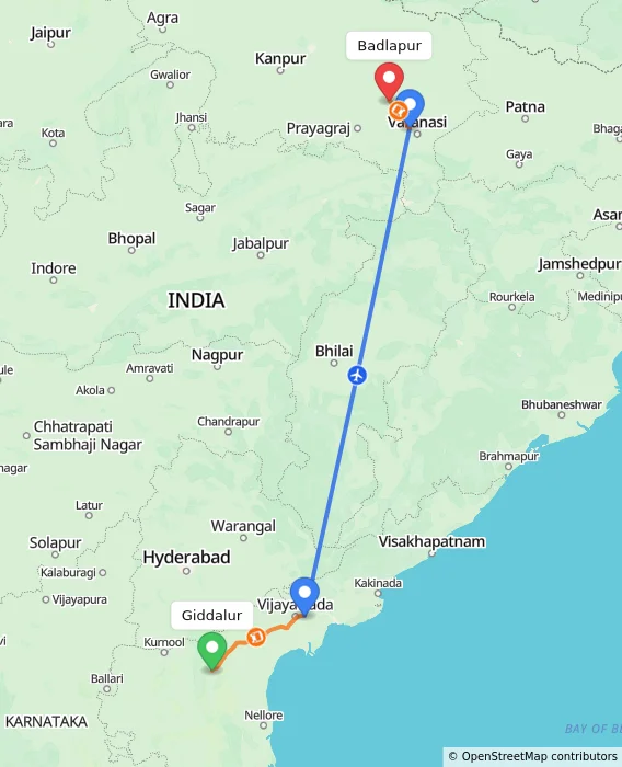 Route map showing distance and travel time from Giddalur, India to Badlapur, India