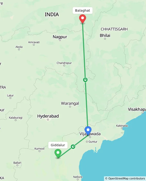 Route map showing distance and travel time from Giddalur, India to Balaghat, India