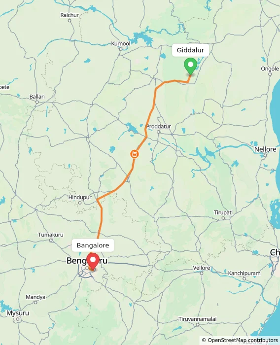 Route map showing distance and travel time from Giddalur, India to Bangalore, India