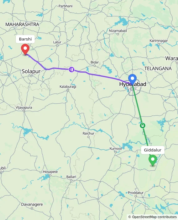 Route map showing distance and travel time from Giddalur, India to Barshi, India