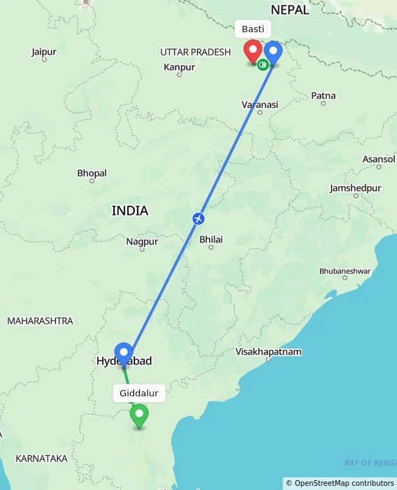 Route map showing distance and travel time from Giddalur, India to Basti, India