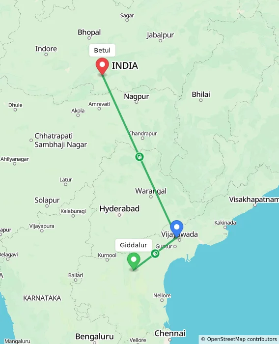 Route map showing distance and travel time from Giddalur, India to Betul, India