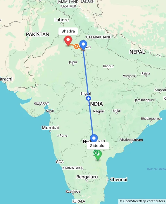 Route map showing distance and travel time from Giddalur, India to Bhadra, India