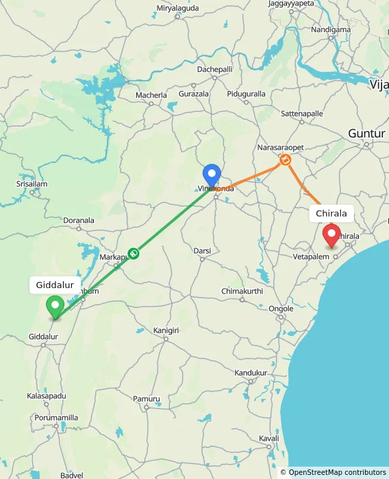 Route map showing distance and travel time from Giddalur, India to Chirala, India