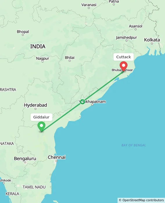 Route map showing distance and travel time from Giddalur, India to Cuttack, India