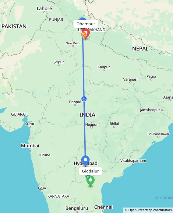 Route map showing distance and travel time from Giddalur, India to Dhampur, India