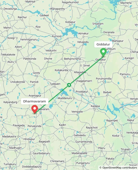 Route map showing distance and travel time from Giddalur, India to Dharmavaram, India