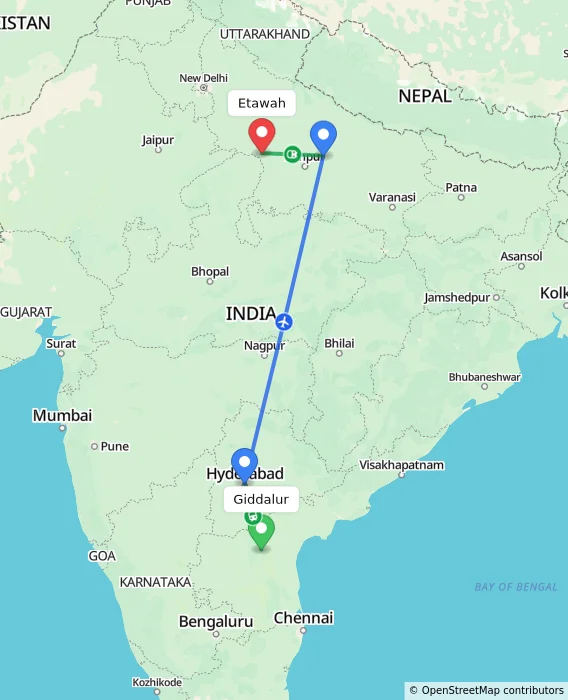 Route map showing distance and travel time from Giddalur, India to Etawah, India