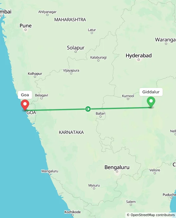 Route map showing distance and travel time from Giddalur, India to Goa, India