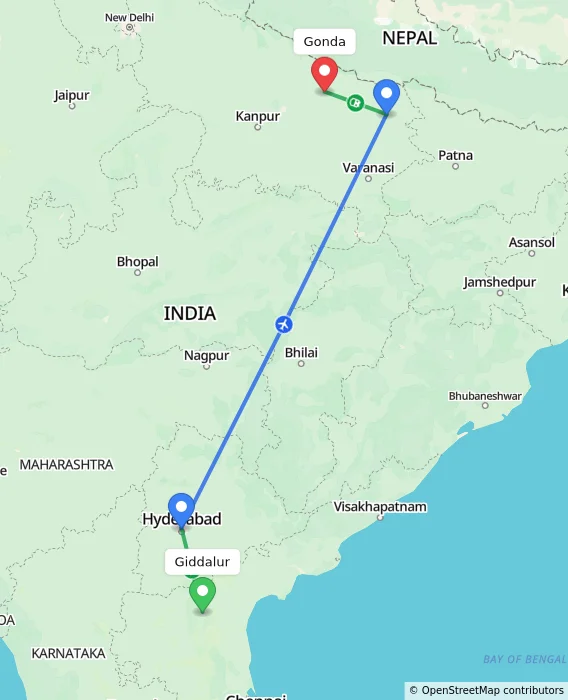Route map showing distance and travel time from Giddalur, India to Gonda, India