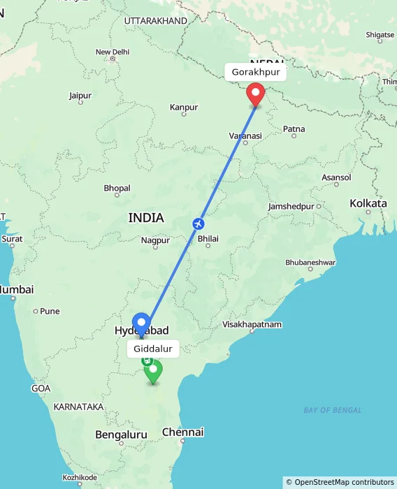 Route map showing distance and travel time from Giddalur, India to Gorakhpur, India