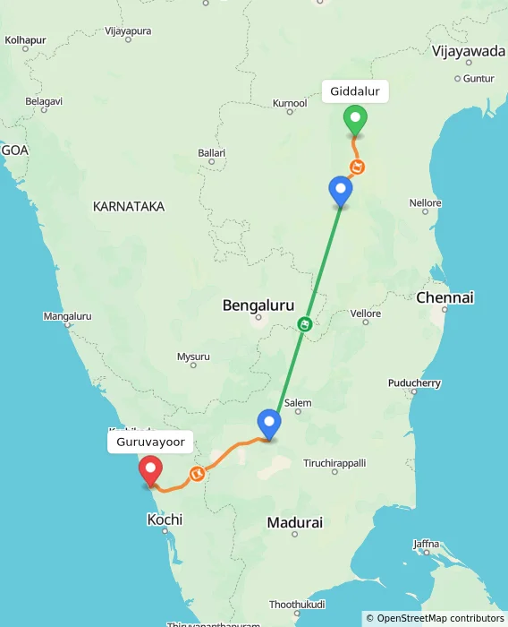 Route map showing distance and travel time from Giddalur, India to Guruvayoor, India