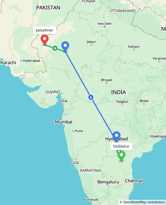 Route map showing distance and travel time from Giddalur, India to Jaisalmer, India