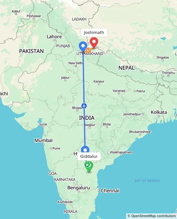 Route map showing distance and travel time from Giddalur, India to Joshimath, India