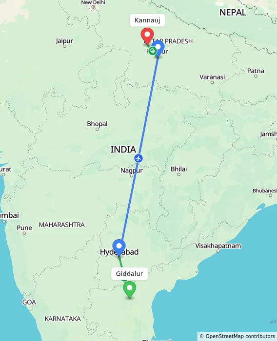 Route map showing distance and travel time from Giddalur, India to Kannauj, India