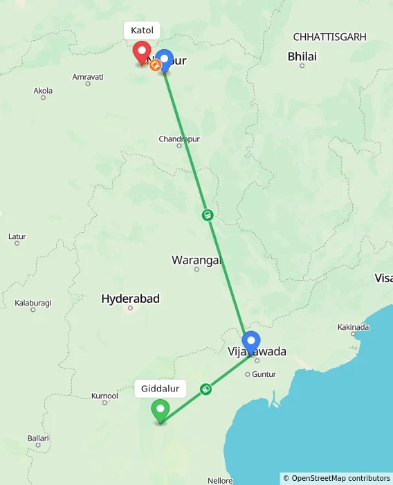 Route map showing distance and travel time from Giddalur, India to Katol, India