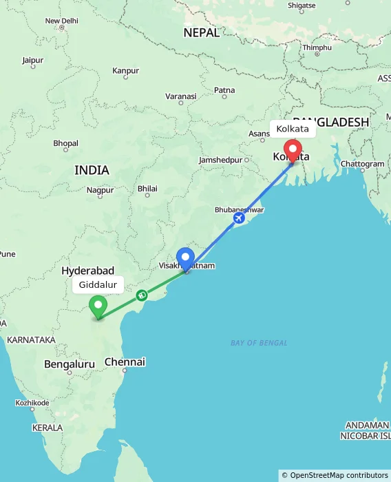 Route map showing distance and travel time from Giddalur, India to Kolkata, India