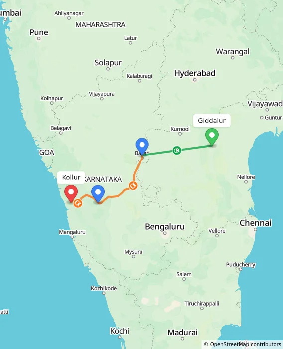 Route map showing distance and travel time from Giddalur, India to Kollur, India
