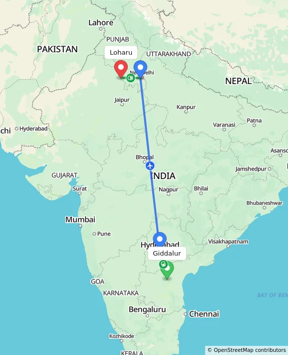 Route map showing distance and travel time from Giddalur, India to Loharu, India