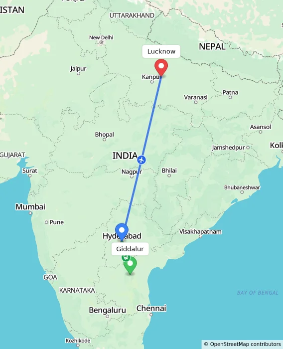 Route map showing distance and travel time from Giddalur, India to Lucknow, India
