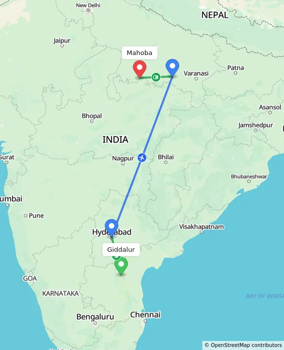 Route map showing distance and travel time from Giddalur, India to Mahoba, India